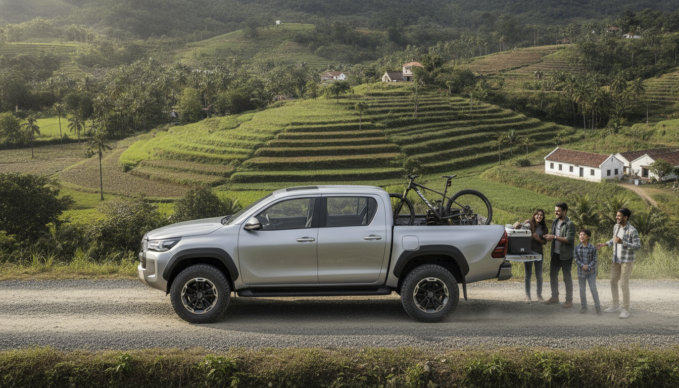 Silver 2026 Toyota Hilux style pickup on a countryside trail