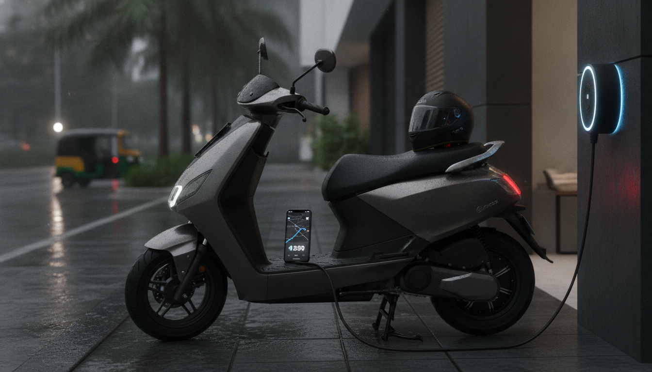 Electric scooter charging at a home parking bay for an India buyer guide