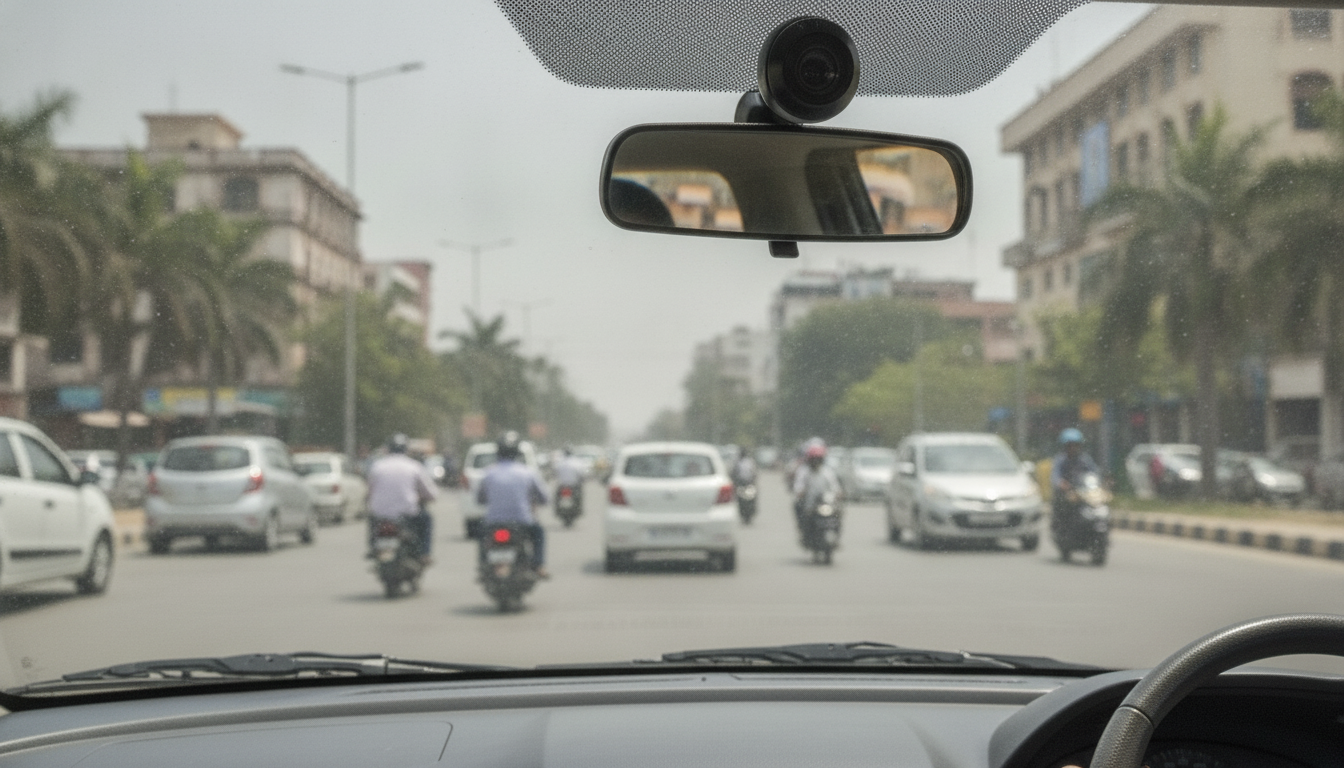 Close-up of a forward-facing camera behind a car windshield for driver assistance.