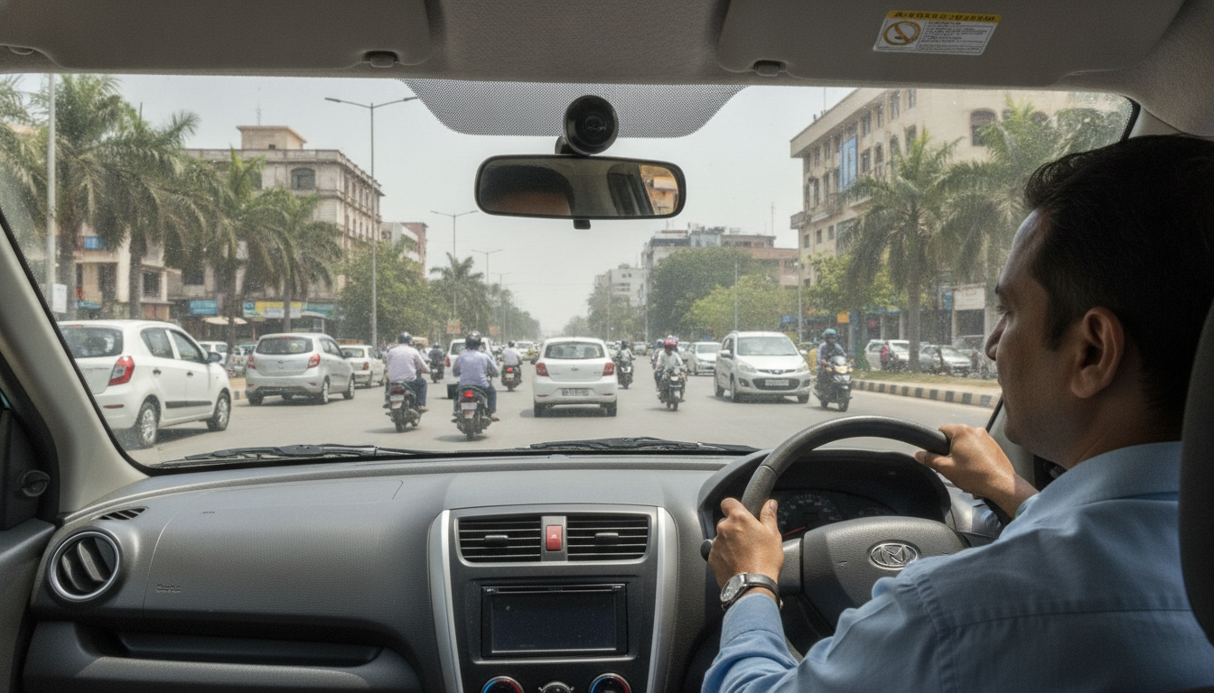 Driver watching traffic through a windshield-mounted assistance camera on an Indian road.