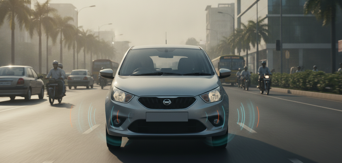 Unbranded compact car on an Indian road illustrating affordable ADAS.