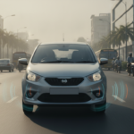 Unbranded compact car on an Indian road illustrating affordable ADAS.