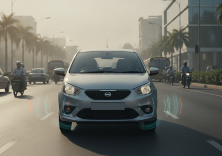 Unbranded compact car on an Indian road illustrating affordable ADAS.