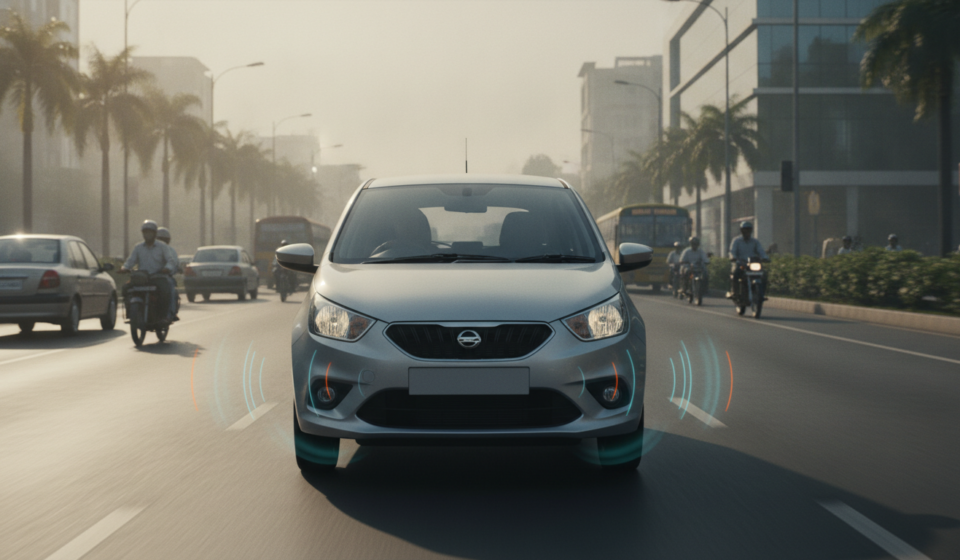 Unbranded compact car on an Indian road illustrating affordable ADAS.