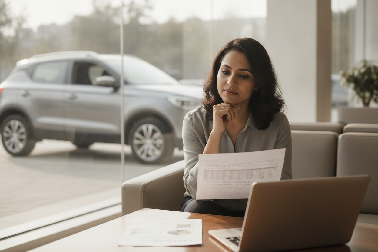 Driver reviewing a car’s certified efficiency, fuel type and ownership costs before booking