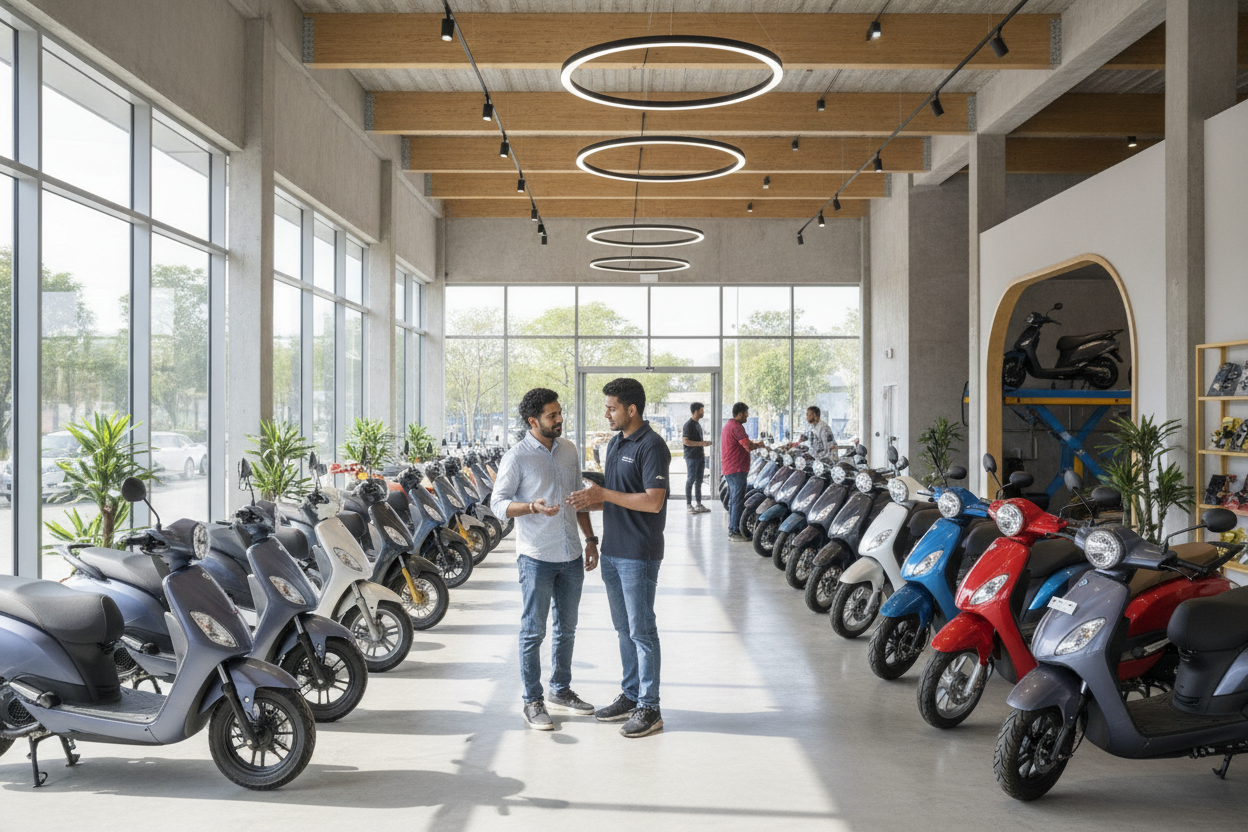 A customer compares electric scooters with a salesperson at a modern Indian dealership
