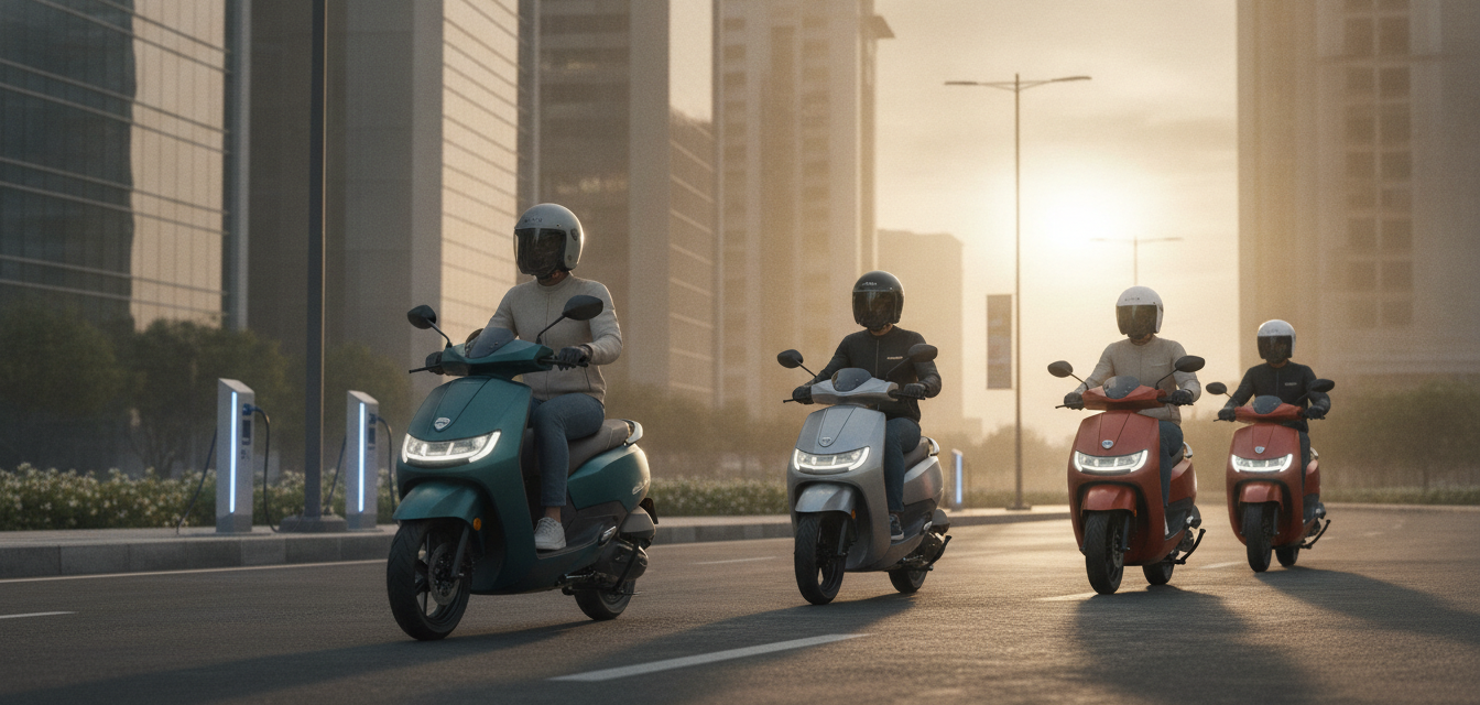 Three electric scooters on an Indian city street at dawn, illustrating the September 2026 two-wheeler EV market