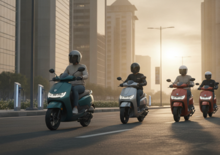 Three electric scooters on an Indian city street at dawn, illustrating the September 2026 two-wheeler EV market