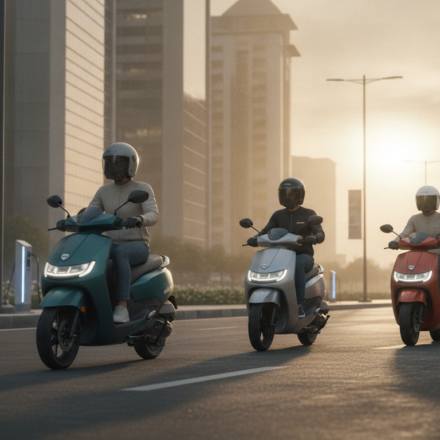 Three electric scooters on an Indian city street at dawn, illustrating the September 2026 two-wheeler EV market