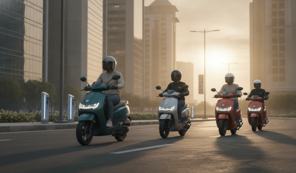 Three electric scooters on an Indian city street at dawn, illustrating the September 2026 two-wheeler EV market