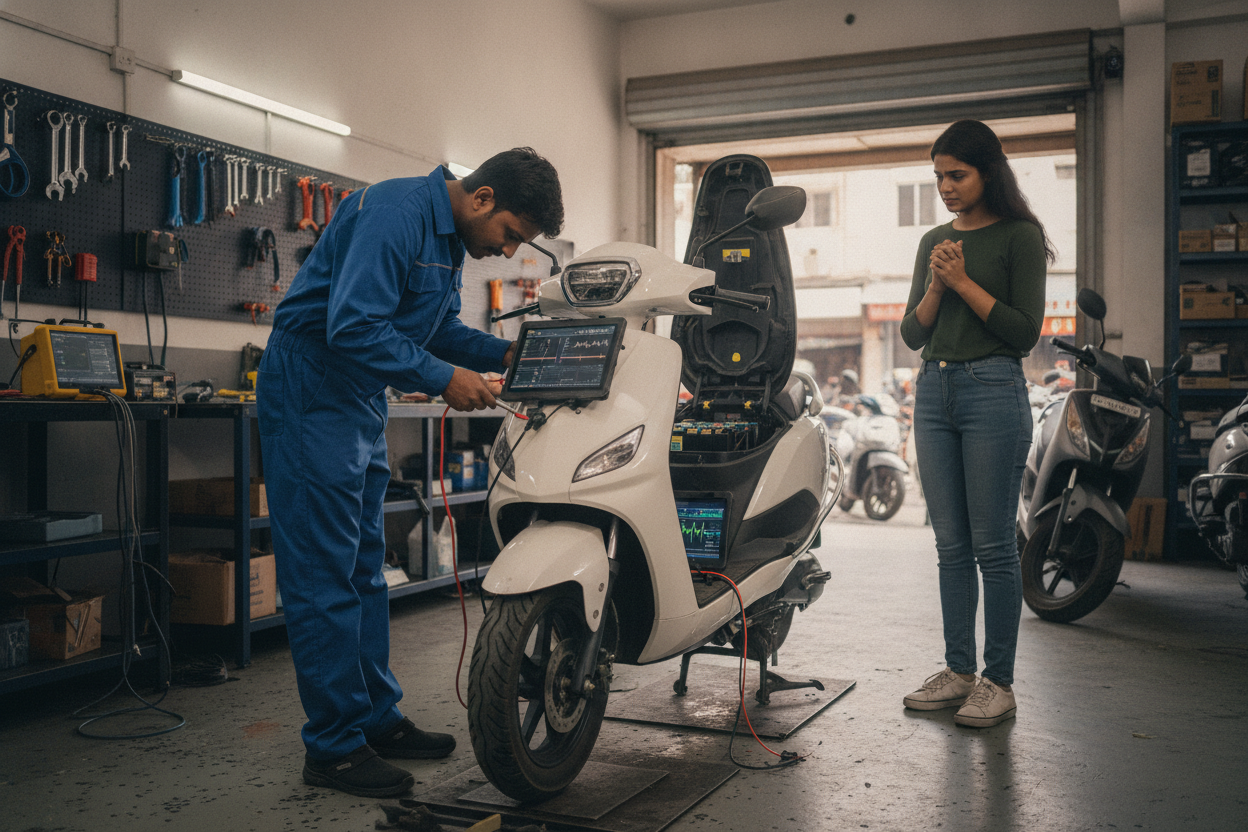 A technician checks an electric scooter's charging port and battery diagnostics at a service centre
