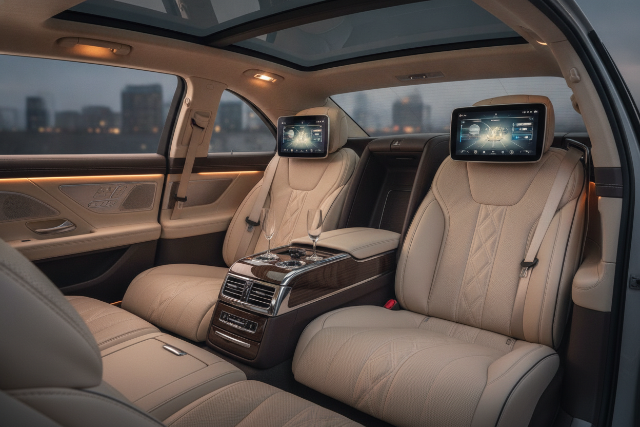 Rear passenger cabin with cream leather seats and ambient lighting in a modern luxury sedan