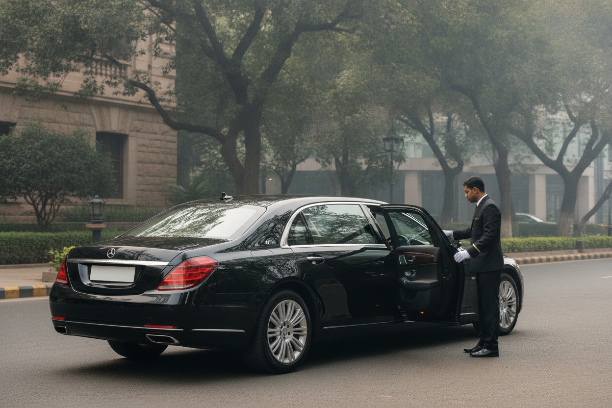 Chauffeur opening the rear door of a black long-wheelbase luxury sedan on a leafy city boulevard