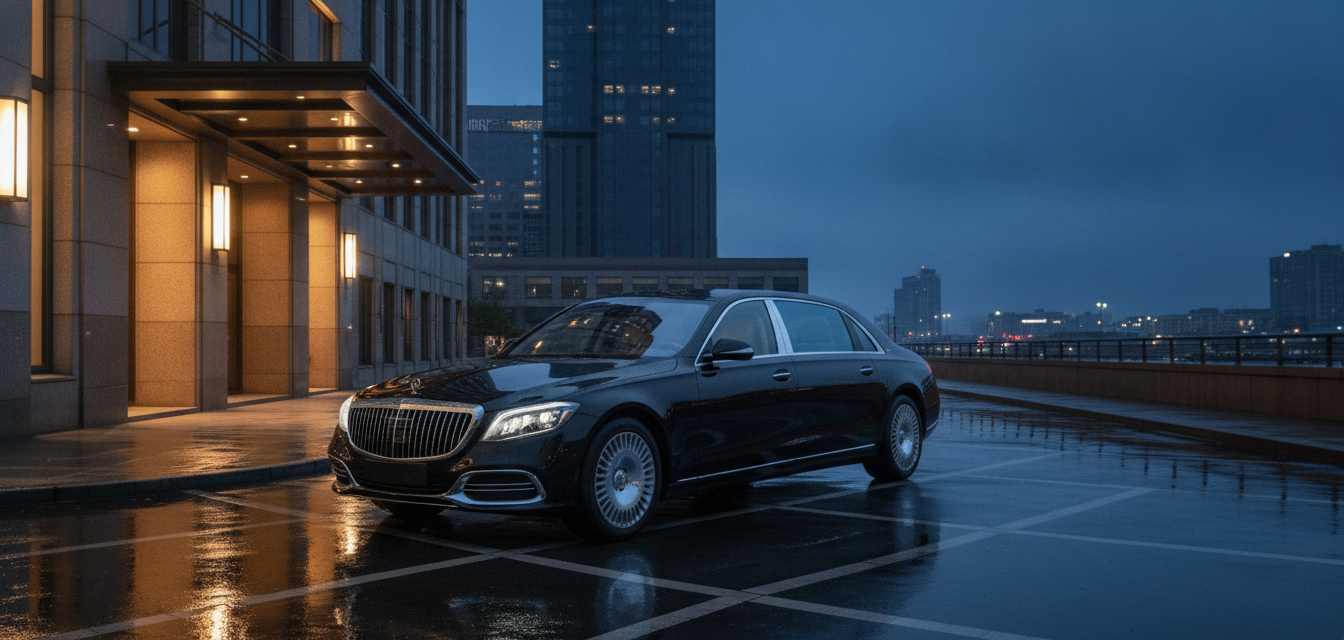 Black luxury sedan at a hotel driveway illustrating the 2026 Maybach S-Class India buyer guide