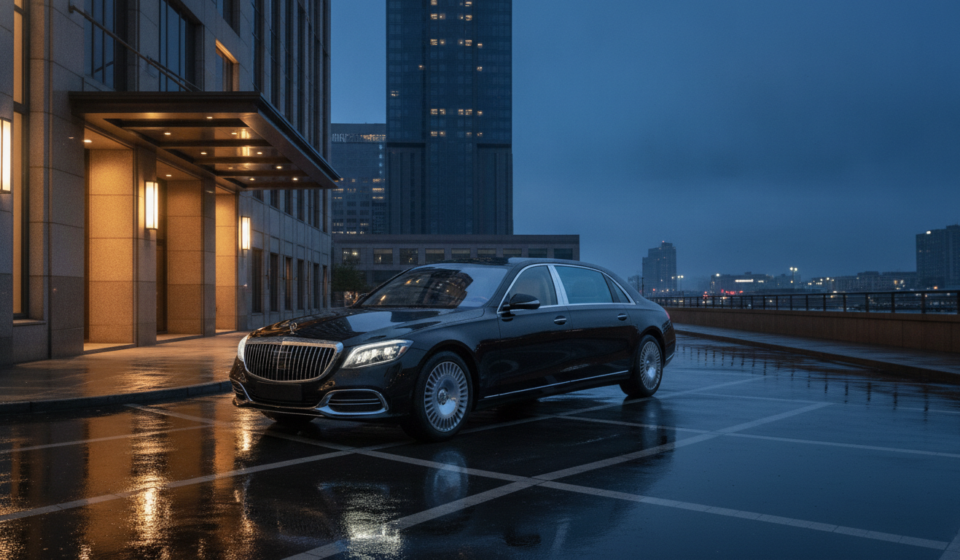 Black luxury sedan at a hotel driveway illustrating the 2026 Maybach S-Class India buyer guide