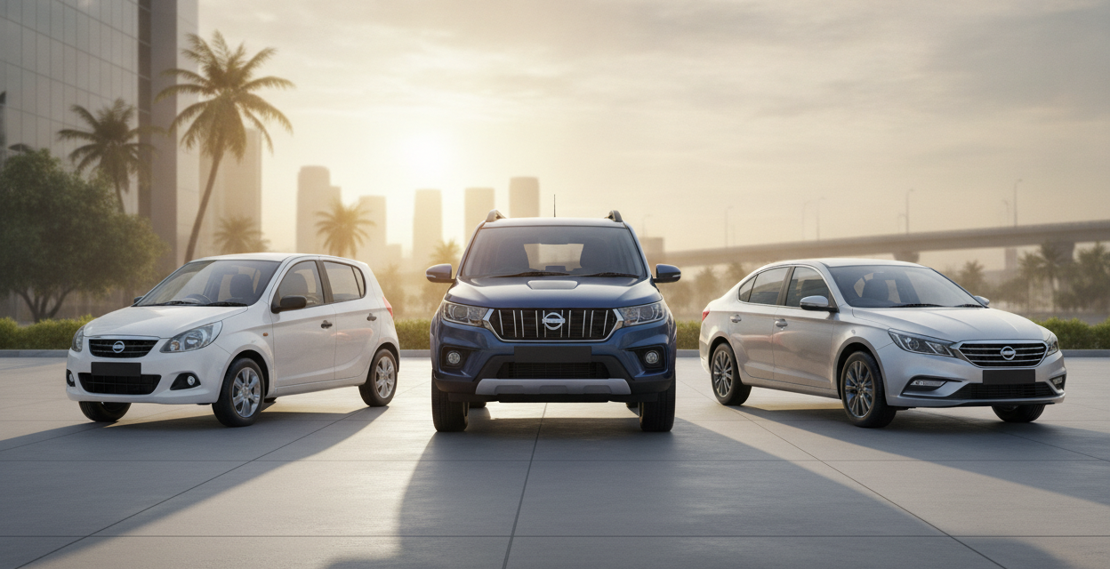 Three cars at an Indian dealership, representing September 2026 passenger-vehicle sales.