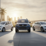 Three cars at an Indian dealership, representing September 2026 passenger-vehicle sales.