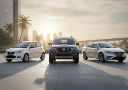 Three cars at an Indian dealership, representing September 2026 passenger-vehicle sales.