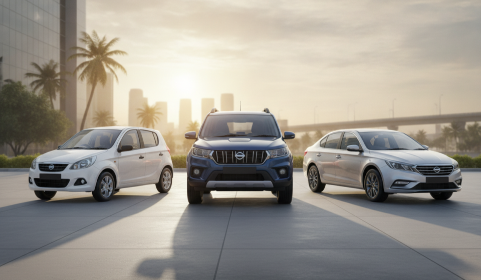 Three cars at an Indian dealership, representing September 2026 passenger-vehicle sales.