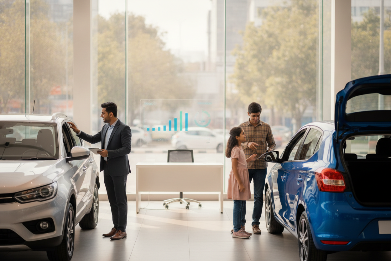 Family comparing cars at an Indian dealership before choosing a vehicle.