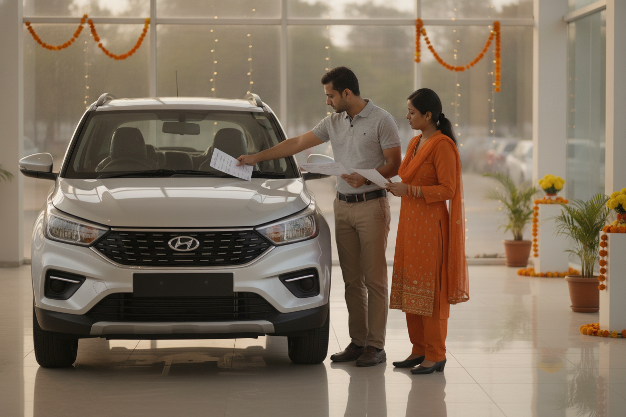 Buyer checking a new car and delivery paperwork at an Indian dealership