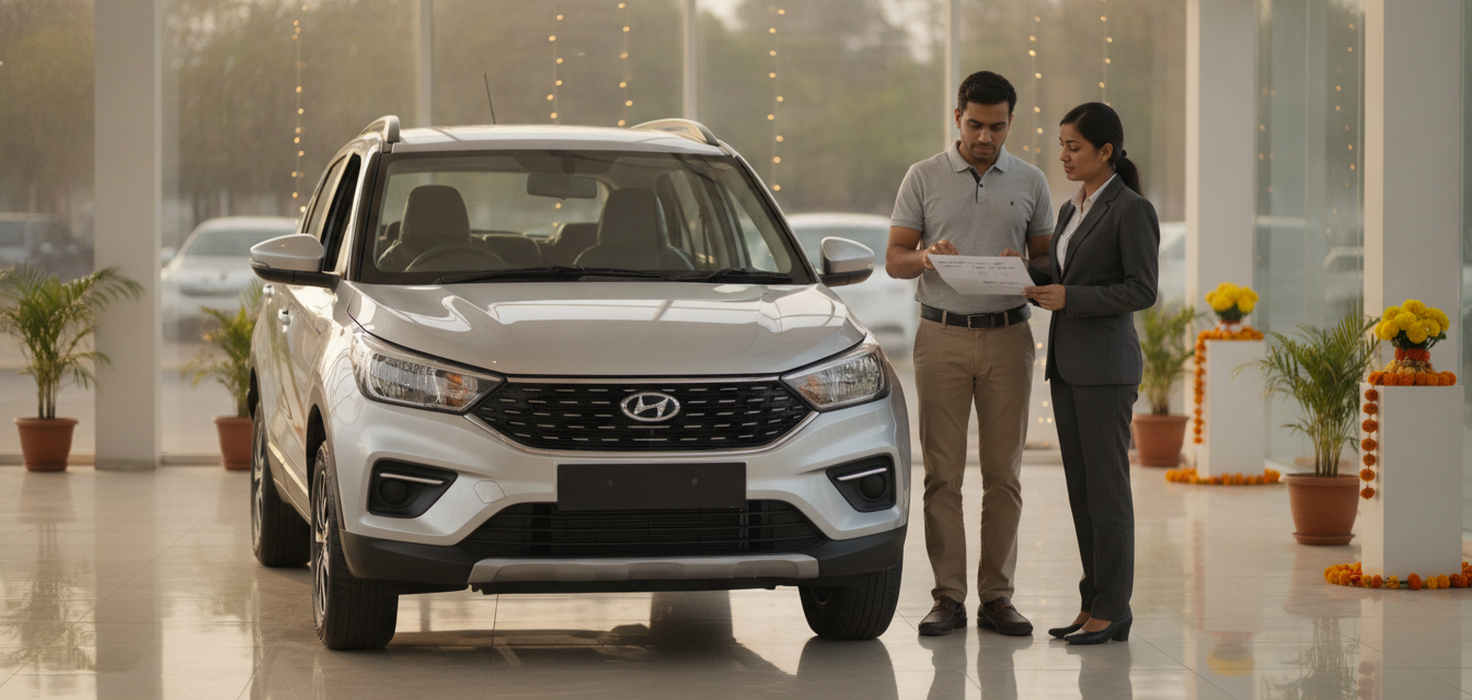 Family comparing festive-season car offers beside a new SUV at an Indian dealership