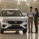 Family comparing festive-season car offers beside a new SUV at an Indian dealership