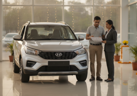 Family comparing festive-season car offers beside a new SUV at an Indian dealership