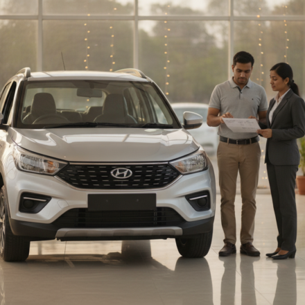 Family comparing festive-season car offers beside a new SUV at an Indian dealership