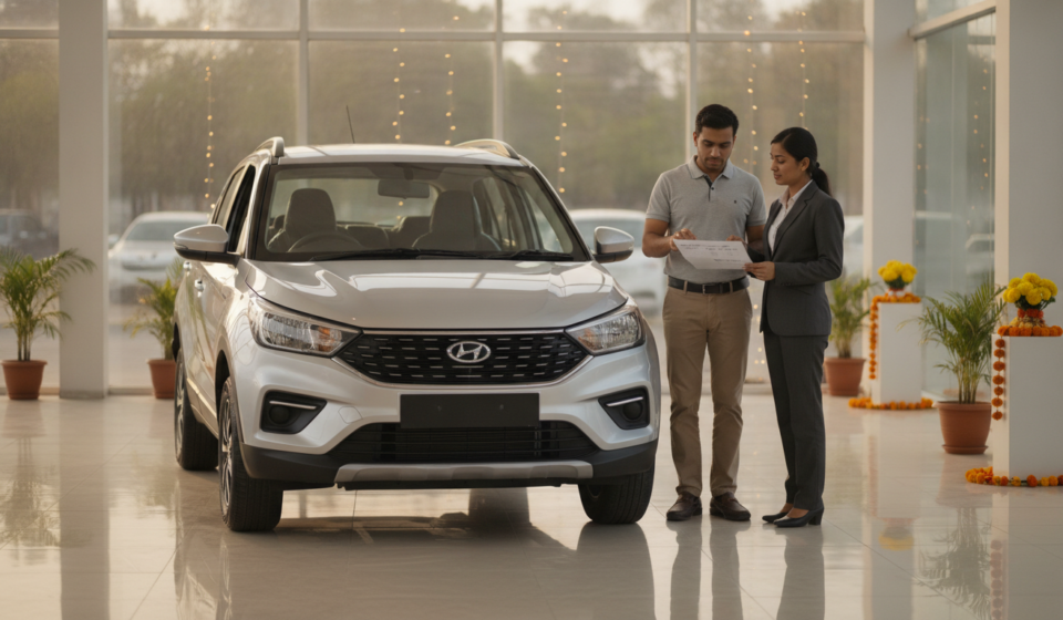 Family comparing festive-season car offers beside a new SUV at an Indian dealership