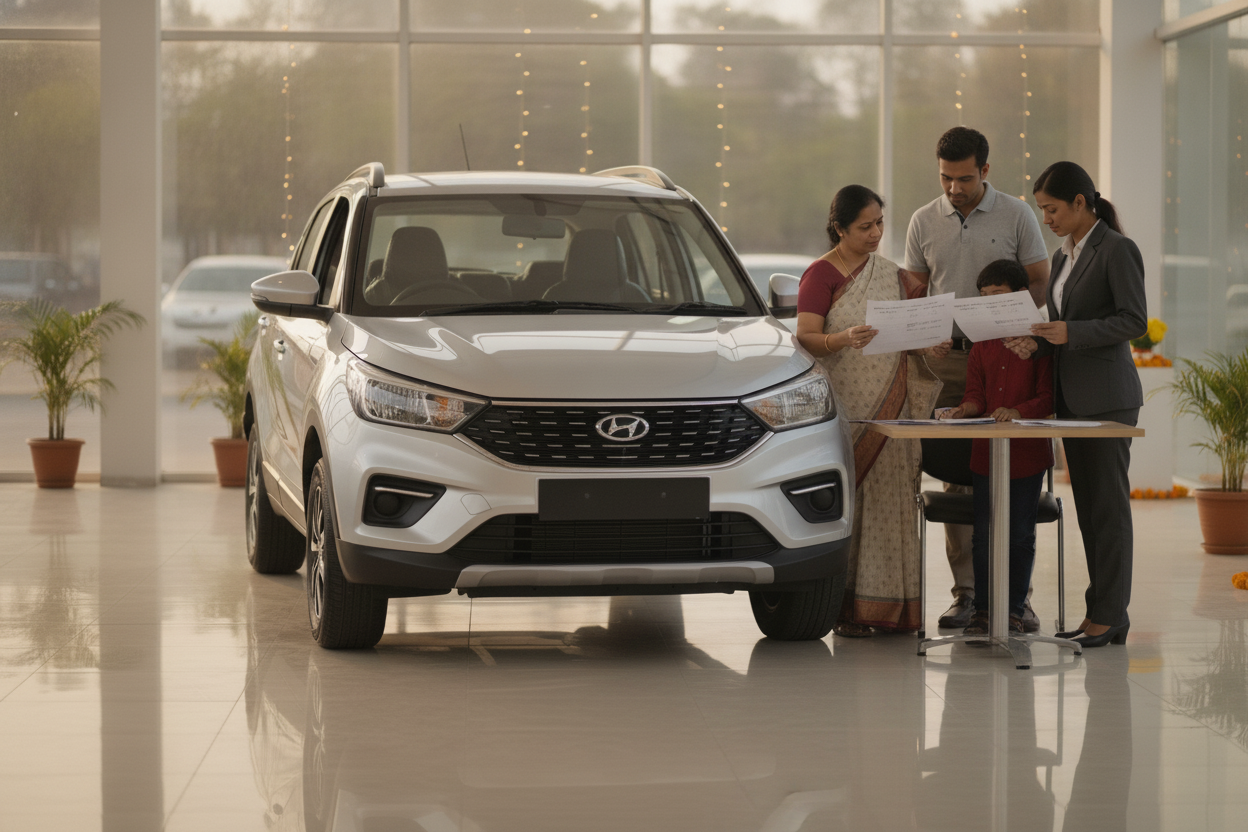 Car buyer comparing festive offer quotations with a dealer in India