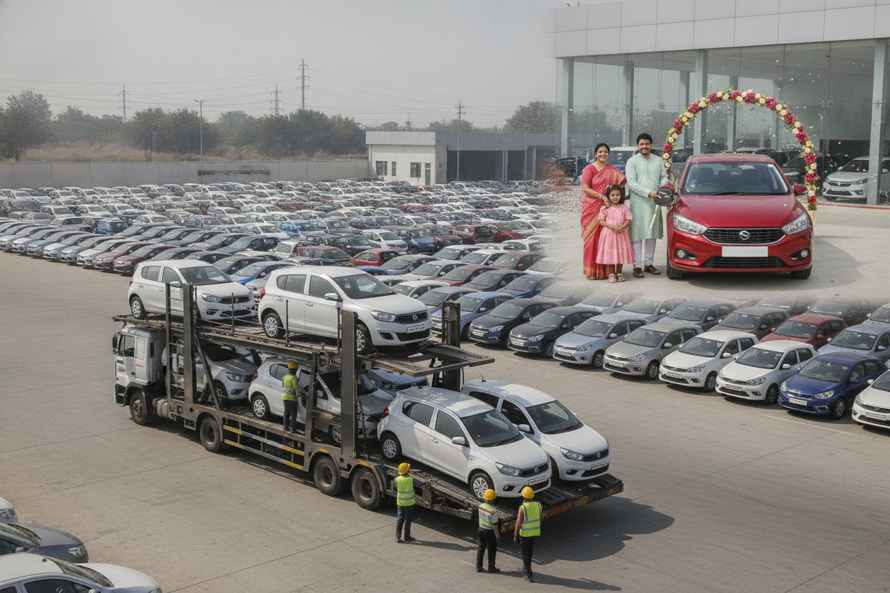 New cars in a dispatch yard and a customer collecting a car, illustrating wholesale versus retail sales.